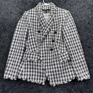 White House Black Market Tweed Blazer Black White Plaid Double Breasted Size 4